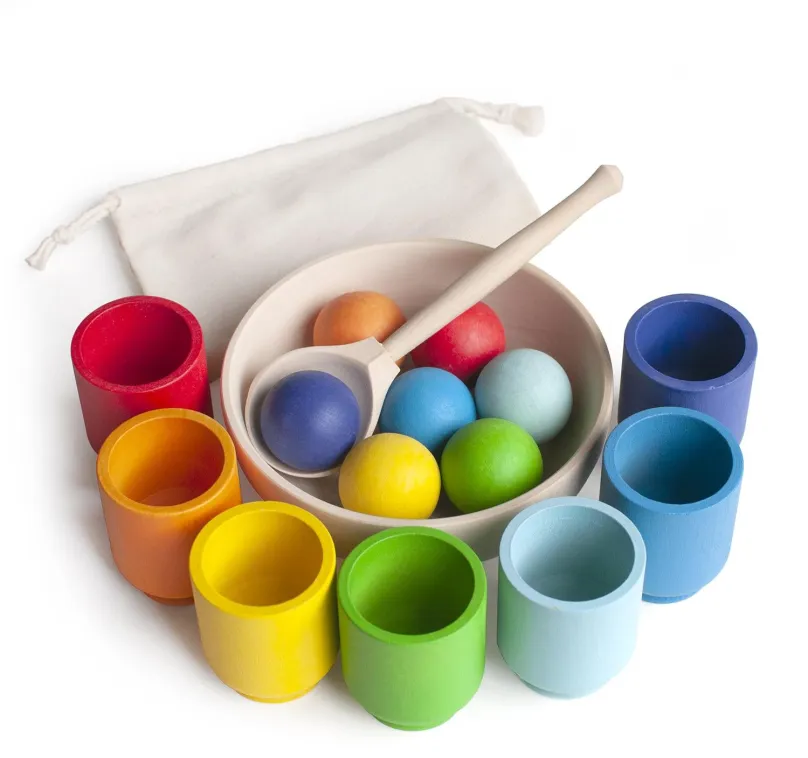 Vzdelávacia sada Ulanik Montessori drevená hračka "Rainbow: balls in cups"
