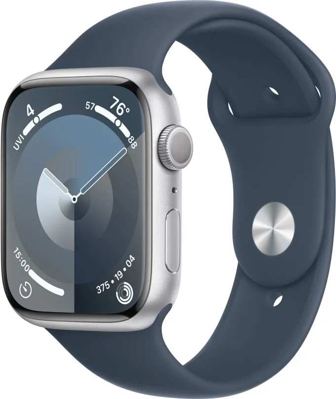 Chytré hodinky Apple Watch Series 9 45mm Strieborný hliník s búrkovo modrým športovým remienkom - S/M