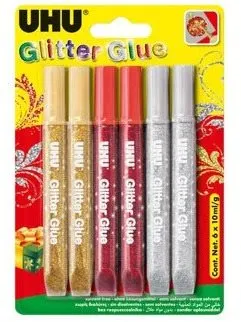 Lepidlo UHU Glitter Glue 6 x 10 ml X-mas, obsahuje 6 lepidiel v 3 farbách, s trblietkami,