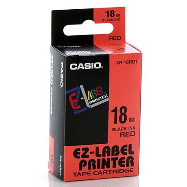 Casio originálna páska do tlačiarne štítkov, Casio, XR-18RD1, čierna tlač/červený podklad, nelaminovaná, 8m, 18mm