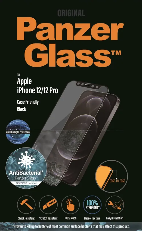 Ochranné sklo PanzerGlass Edge-to-Edge Antibacterial pre Apple iPhone 12/12 Pre čierne s Anti-BlueLight vrstvou