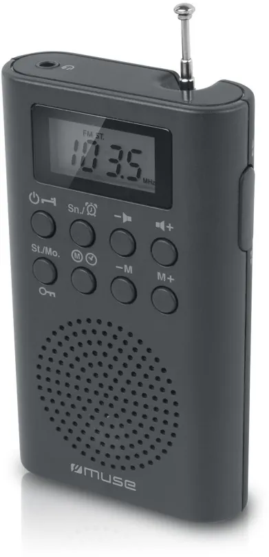 Rádio MUSE M-03R, rádiobudík, prenosné, FM tuner s 20 predvoľbami, výstup 3,5 mm Jack, aut