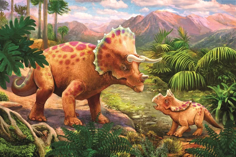 TREFL Puzzle Úžasní dinosaury: Triceratops s mláďaťom 54 dielikov