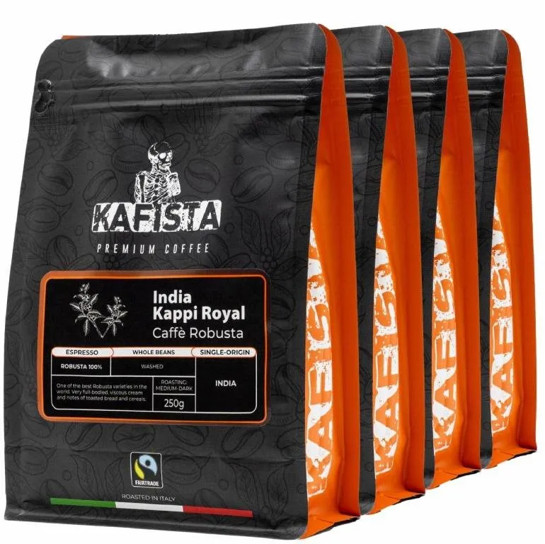 Káva Kafista "India Kappi Royal" - 100% Robusta, Pražená v Taliansku - zrnková káva na espresso 4 x 250 g