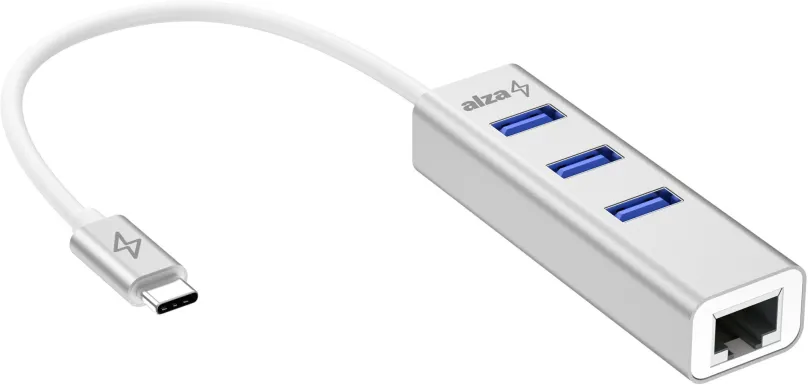 USB Hub AlzaPower AluCore USB-C (M) na 3× USB-A (F) s LAN strieborná