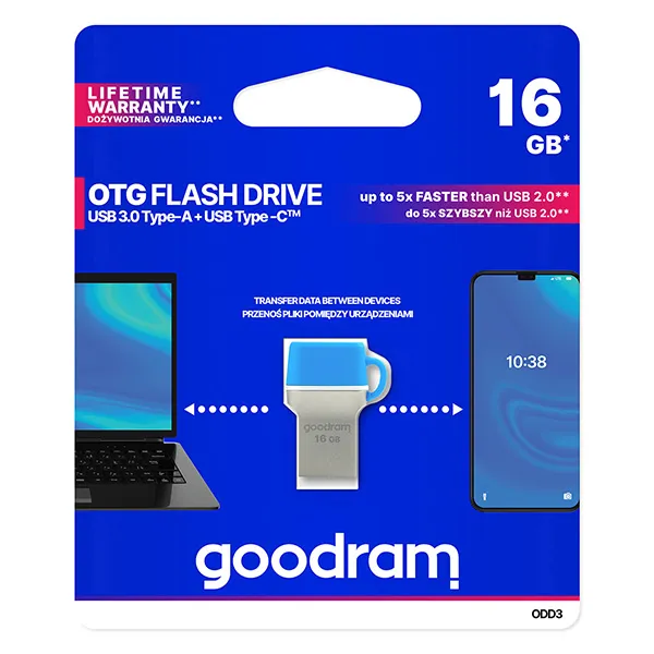 Goodram USB flash disk OTG, USB 3.0, 16GB, ODD3, modrý, ODD3-0160B0R11, USB A/USB C, s krytkou