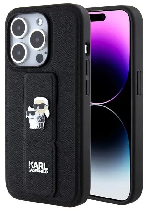 Kryt pre mobil Karl Lagerfeld Saffiano Grip Stand Metal Logo Zadný Kryt pre iPhone 15 Black