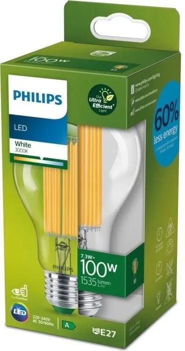 Philips 8719514435711 LED filamentová žiarovka 1x7,3W/100W | E27 | 1535lm | 3000K - číra, Ultra Efficient