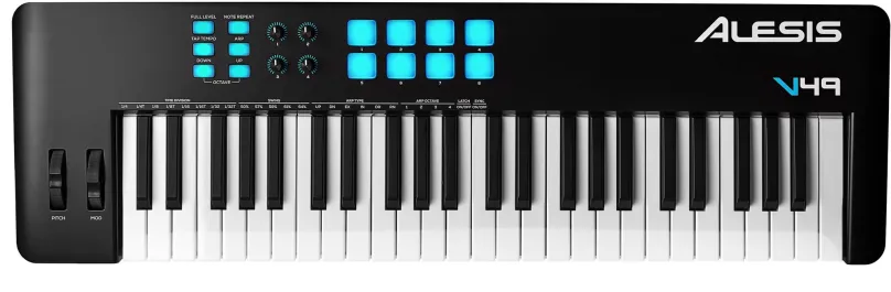 MIDI klávesy ALESIS V49 MKII, 49 kláves, s dynamikou, lesklý povrch klávesov, USB MIDI, vs