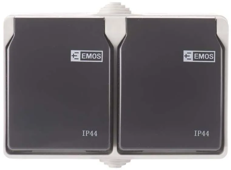 Zásuvka EMOS Zásuvka nástenná dvojitá, šedo-čierna, IP44