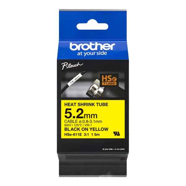 Brother originálna páska do tlačiarne štítkov, Brother, HSE-611E, čierna tlač/žltý podklad, 1.5m, 5.2mm