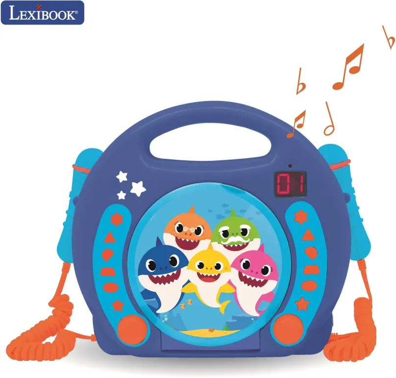 Hudobná hračka Lexibook Baby Shark Prenosný CD prehrávač s 2 mikrofónmi pre spoločný spev