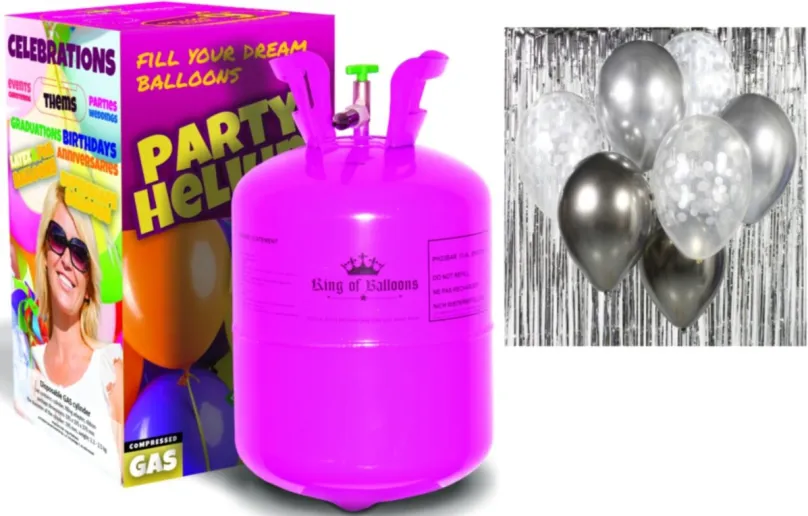 Balóniky s héliom Hélium na 20 balónikov a sada latexových balónikov - chrómovaná strieborná 7 ks, 30 cm