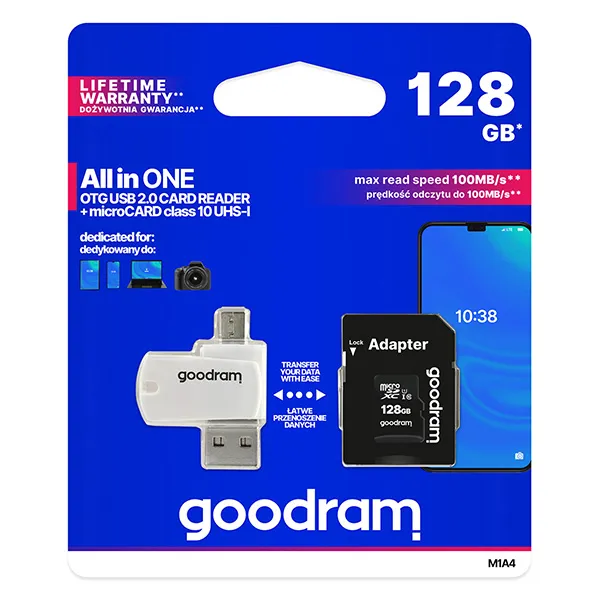 Goodram pamäťová karta Micro Secure Digital Card All-In-ON, 128GB, multipack, M1A4-1280R12, UHS-I U1 (Class 10), multipack s čítačom