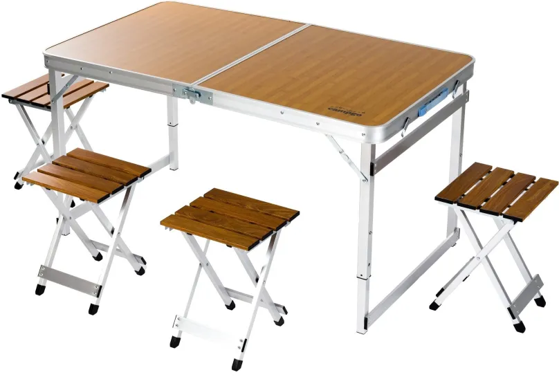 Campingová sada Campgo CHO-130-12, stôl a 4 stoličky, materiál: hliník, MDF, rozmery stola
