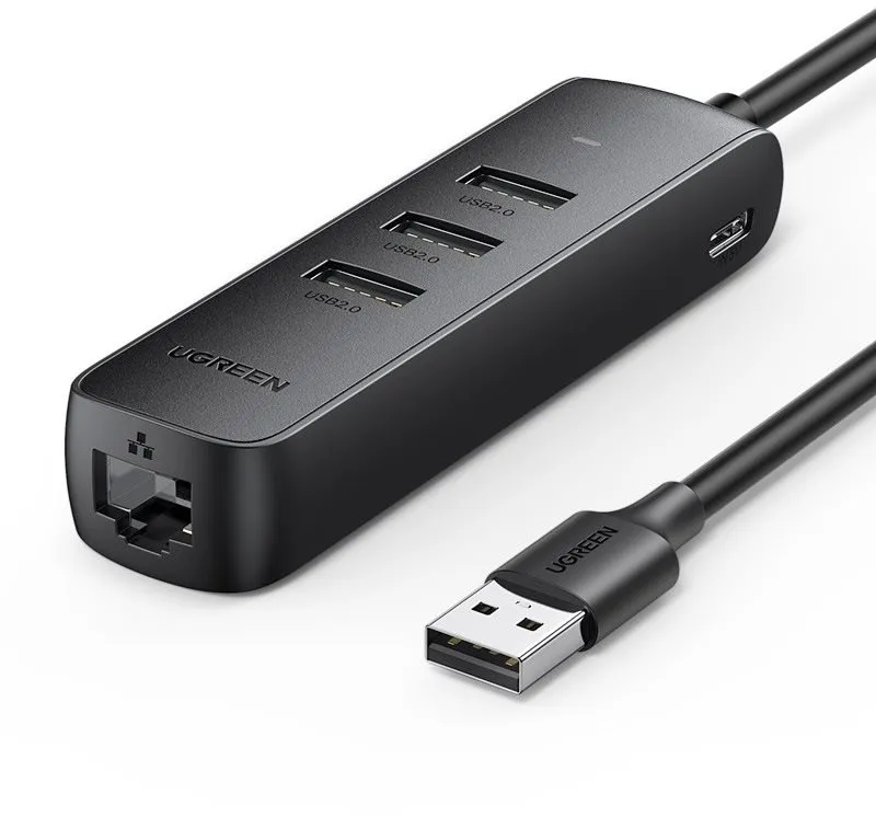 Sieťová karta UGREEN USB 2.0 to 3xUSB 2.0+RJ45 (100Mbps) Ethernet Adapter (Black)