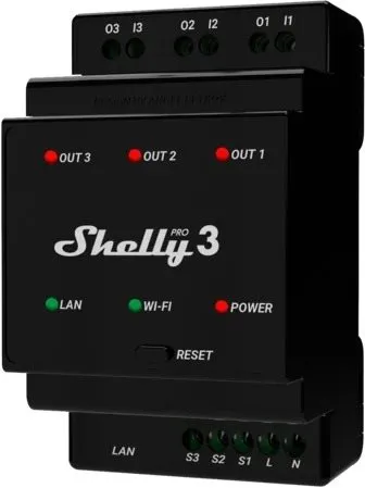 WiFi spínač Shelly Pro 3, spínací modul 3x 16A na DIN lištu, WiFi, LAN, pre elektroinštala