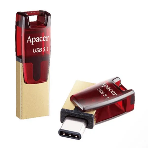Apacer USB flash disk OTG, USB 3.0, 32GB, AH180, červený, AP32GAH180R-1, USB A/USB C, s otočnou krytkou