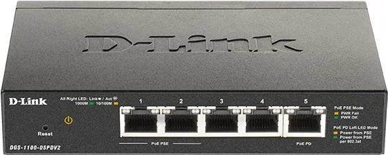 Switch D-Link DGS-1100-05PDV2, 5-portový Gigabit PoE Powered Smart, bezvetrákový, kovové p