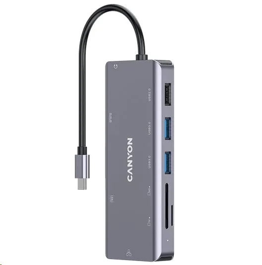 CANYON replikátor portov DS-11 9v1, 1x USB-C PD 100W, 1x HDMI (4K), 3x USB-A, RJ45 Gb, 3.5mm jack, SD/micro čítačka