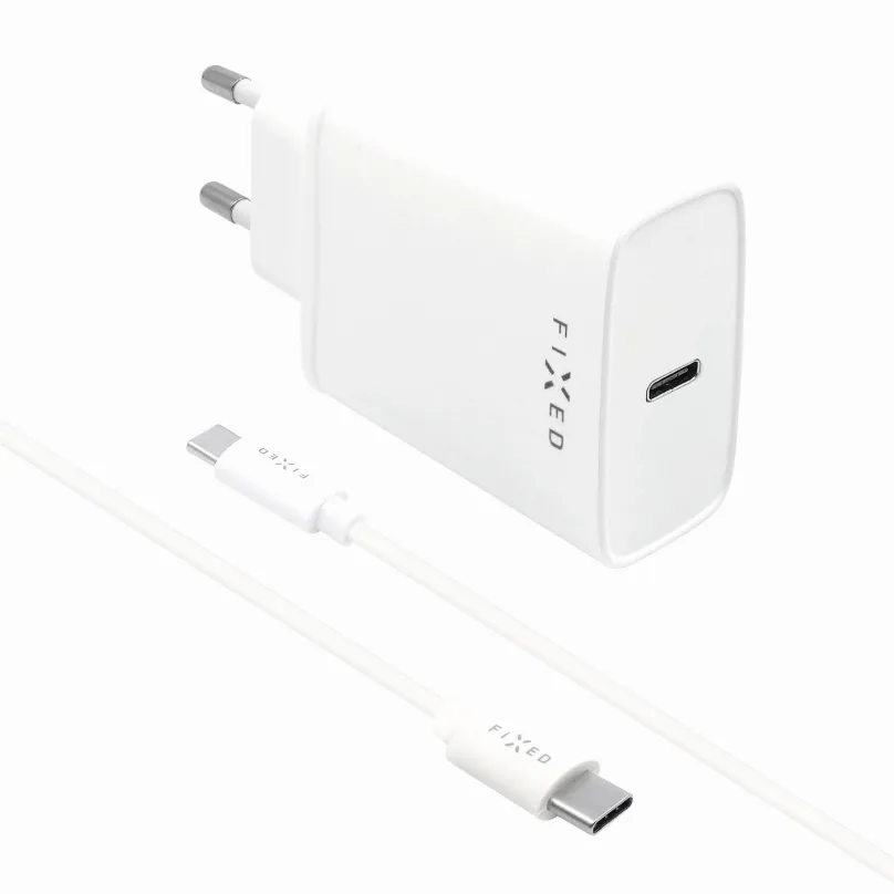 Nabíjačka do siete FIXED Travel s USB-C výstupom a USB-C/USB-C káblom 1m podpora PD 20W biely