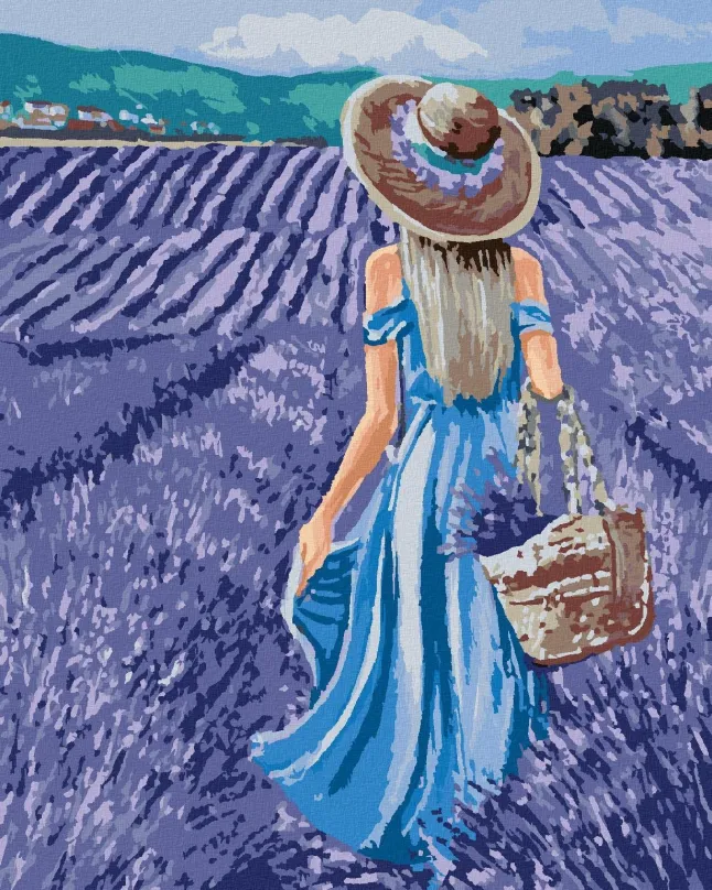 Maľovanie podľa čísel Žena v modrých šatách v levanduľovom poli, 80x100 cm, bez rámu a bez vypnutia plátna