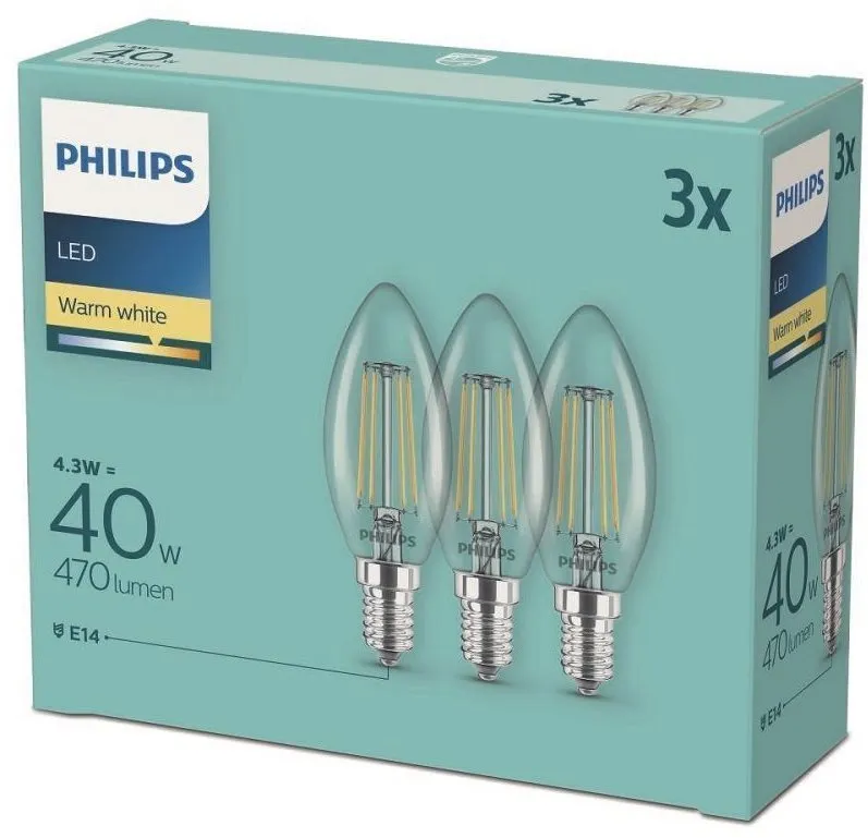 LED žiarovka Philips LED classic 4.3-40W, E14 2700K, 3ks