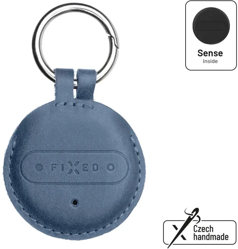 Bluetooth lokalizačný čip FIXED Sense s modrým koženým puzdrom a karabínou