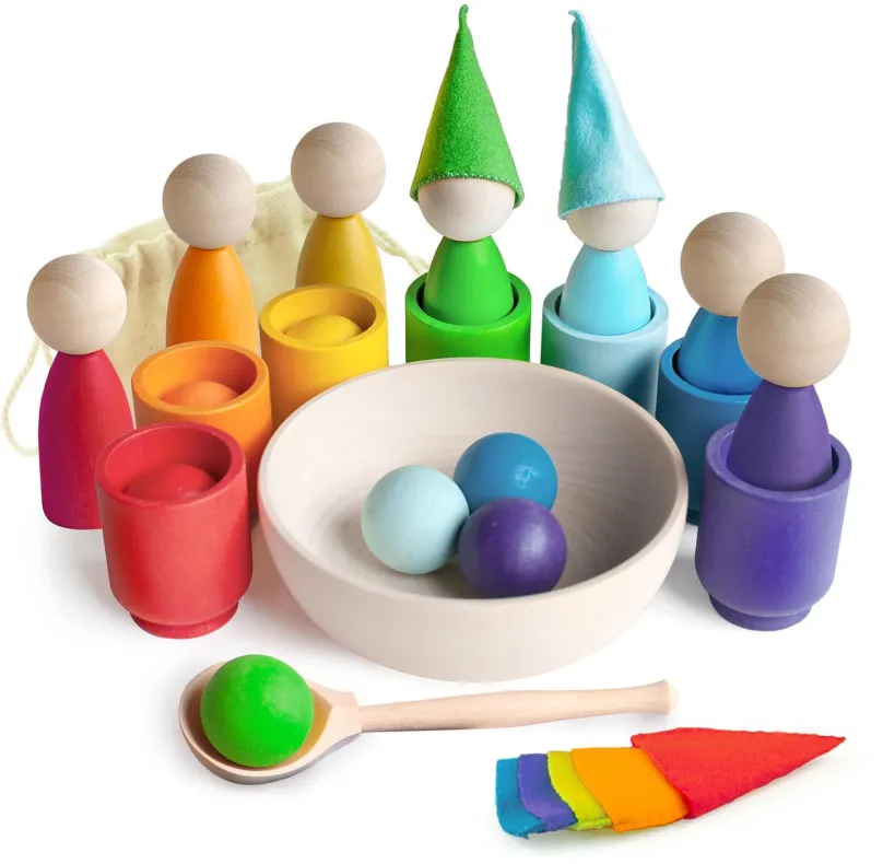 Vzdelávacia sada Ulanik Montessori drevená hračka „Rainbow: Peg Dolls in Cups with Hats and Balls?