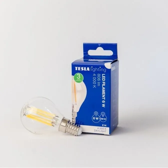 LED žiarovka Tesla - LED žiarovka miniglobe FILAMENT RETRO E14, 6W, 230V, 806lm, 25 000h, 4000K denná biela, 360st, či