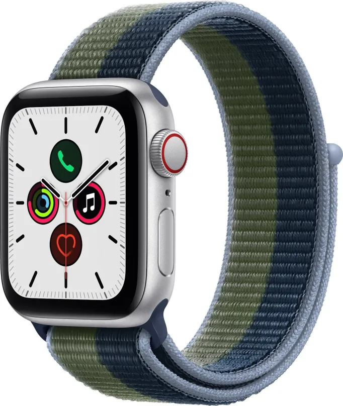 Chytré hodinky Apple Watch SE 40mm Cellular Strieborný hliník s modrým / machovo zeleným športovým remienkom