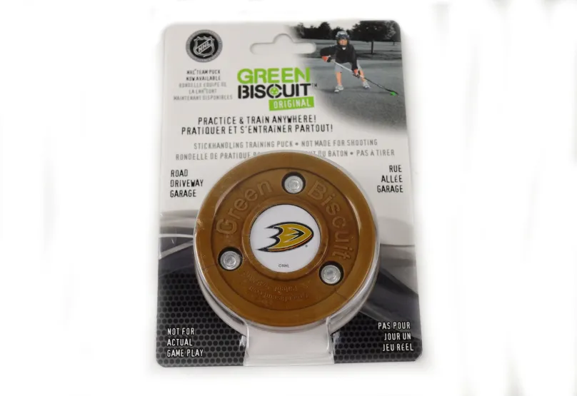 Puk Green Biscuit NHL Anaheim Ducks, hnedá farba, priemer 75 mm, hrúbka 25 mm, s logom tý