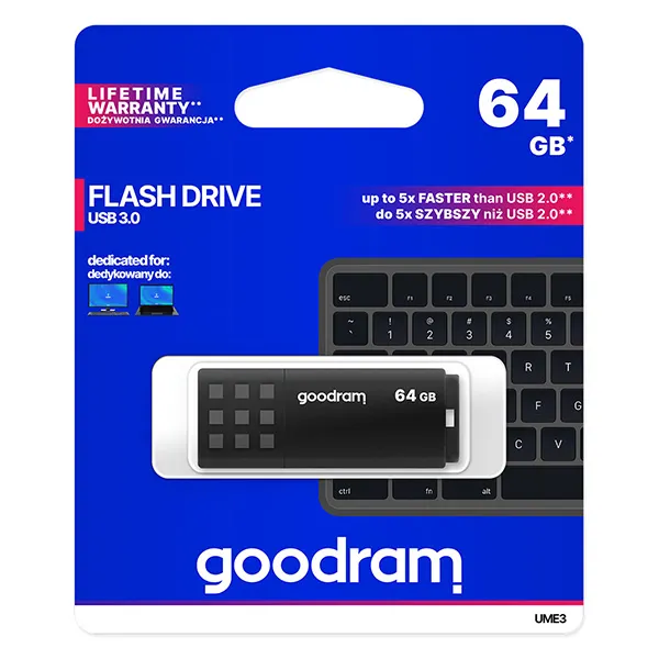 Goodram USB flash disk, USB 3.0, 64GB, UME3, čierny, UME3-0640K0R11, USB A, s krytkou