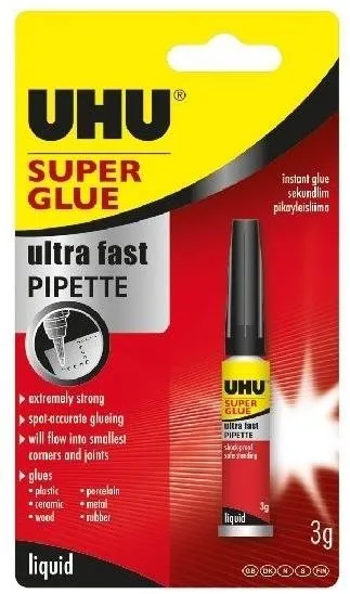 Lepidlo UHU Super Glue Pipette 3 g, sekundové, zaistí pevný typ spoja, univerzálne použitý