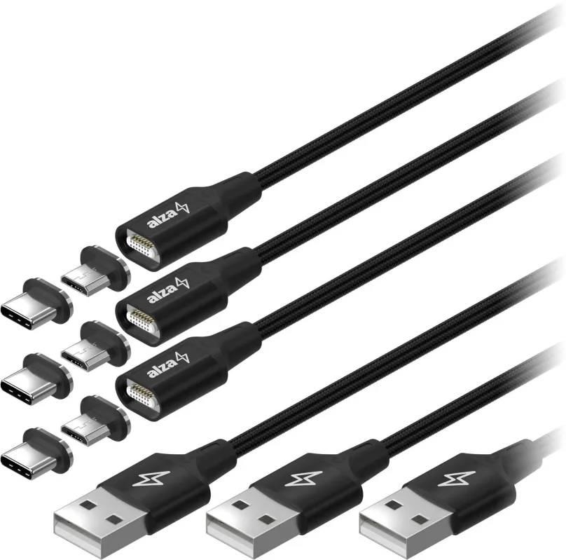 Dátový kábel AlzaPower MagCore 2in1 USB-C + Micro USB, 3A, Multipack 3ks, 1m čierny