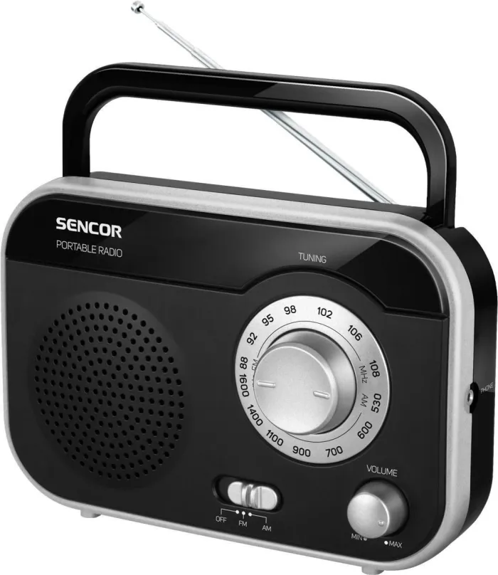 Rádio Sencor SRD 210 BS, klasické, prenosné, AM a FM tuner, výkon 1 W, výstup 3,5 mm Jack,