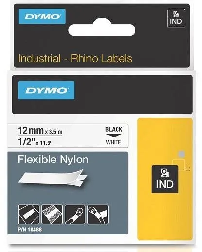 Dymo originálna páska do tlačiarne štítkov, Dymo, 18488, čierna tlač/biely podklad, 3.5m, 12mm, RHINO nylonová flexibilná