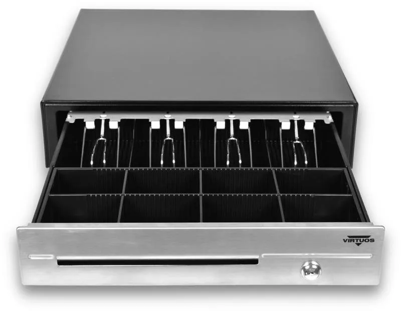 Pokladničná zásuvka Virtuos pokladničná zásuvka C430D s káblom, kovové držiaky, nerez panel, 9-24V, čierna