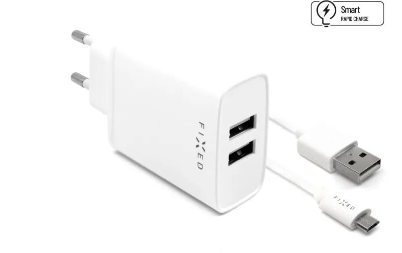 Nabíjačka do siete FIXED Smart Rapid Charge 15W s 2xUSB výstupom a USB/micro USB káblom 1m biela