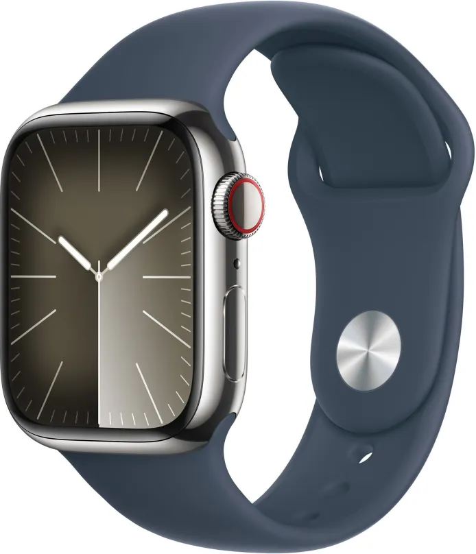 Chytré hodinky Apple Watch Series 9 41mm Cellular Strieborný nerez s búrkovo modrým športovým remienkom - S/M