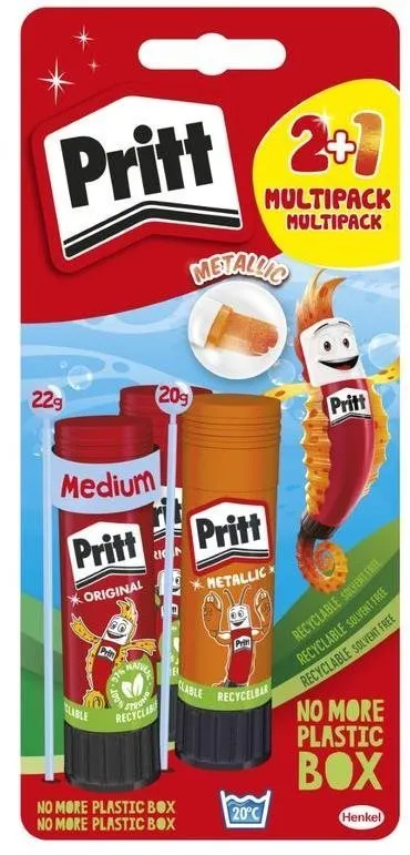 Tuhé lepidlo PRITT Sticks Color 3 ks, spĺňa európsku normu pre hračky EN71, 90% prírod