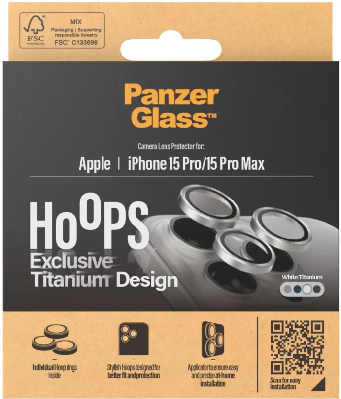 Ochranné sklo PanzerGlass HoOps Apple iPhone 15 Pro/15 Pro Max - ochranné krúžky pre šošovky fotoaparátu - biely tit