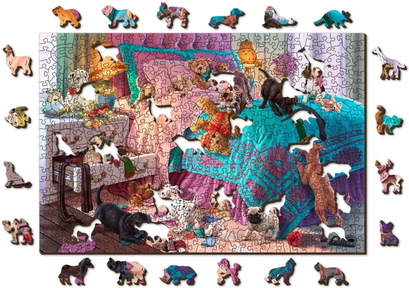 Puzzle Woden City Drevené puzzle Nezbená šteňatá 2v1, 505 dielikov eko