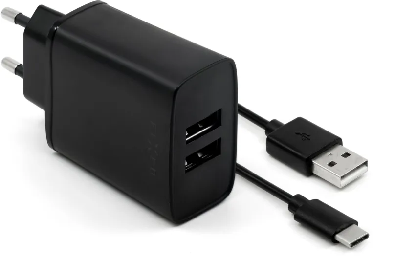 Nabíjačka do siete FIXED Smart Rapid Charge 15W s 2xUSB výstupom a USB/USB-C káblom 1m čierna