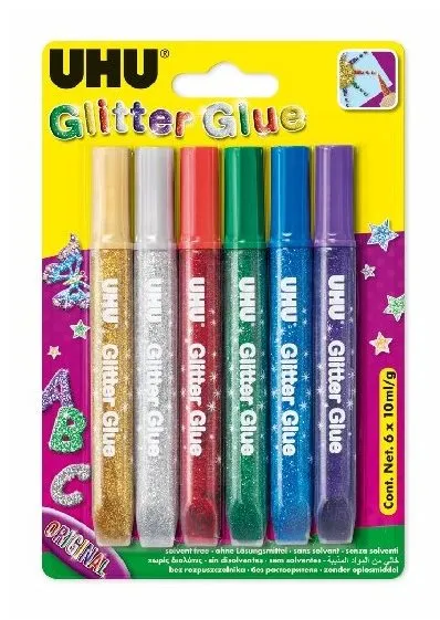 Lepidlo UHU Glitter Glue 6 x 10 ml Original, gélové lepidlá v šiestich rôznych farbách, s