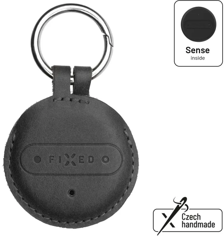 Bluetooth lokalizačný čip FIXED Sense s čiernym koženým puzdrom a karabínou