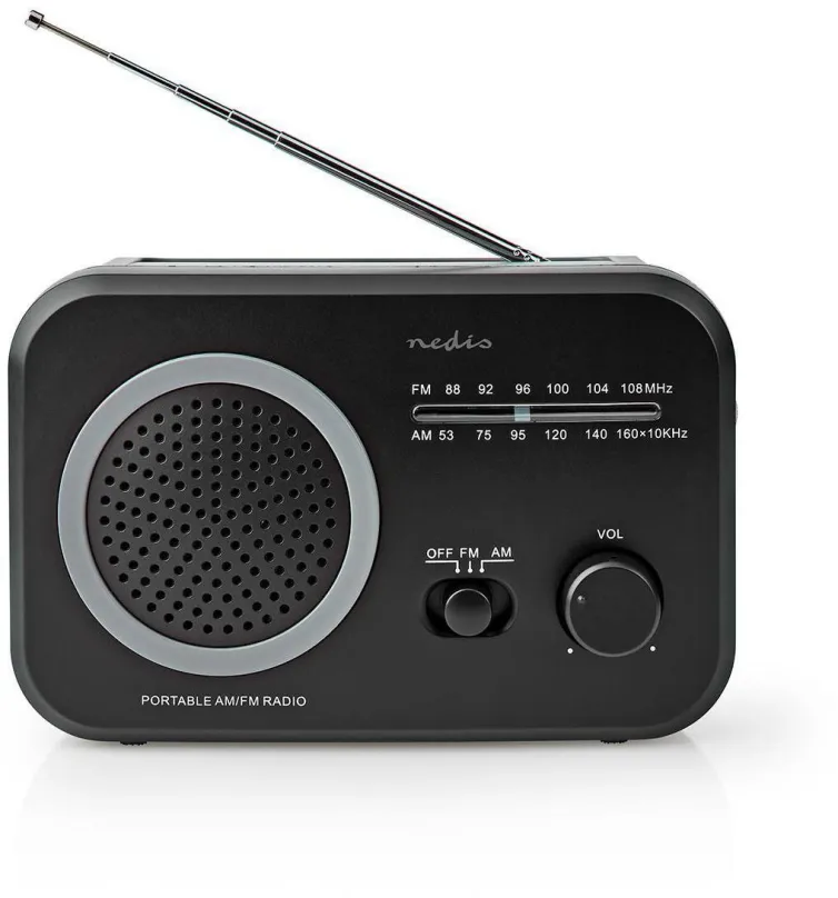 Rádio Nedis RDFM1330GY, klasické, prenosné, AM a FM tuner, výkon 1,8 W, vstup 3,5 mm Jack,