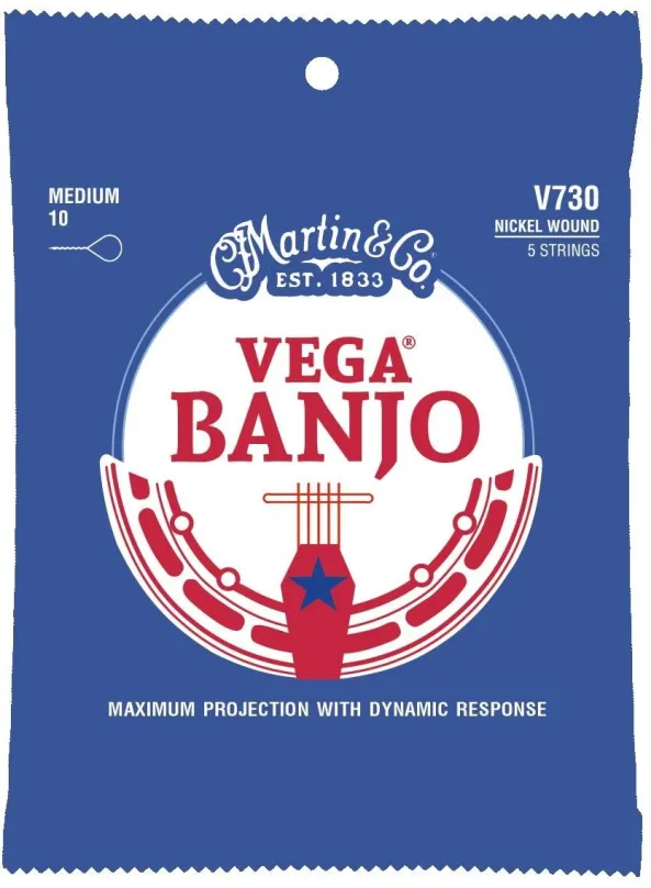 Struny MARTIN Vega Banjo Medium, pre banja, 5 strún v balení, tvrdosť 010 až 023, materiál
