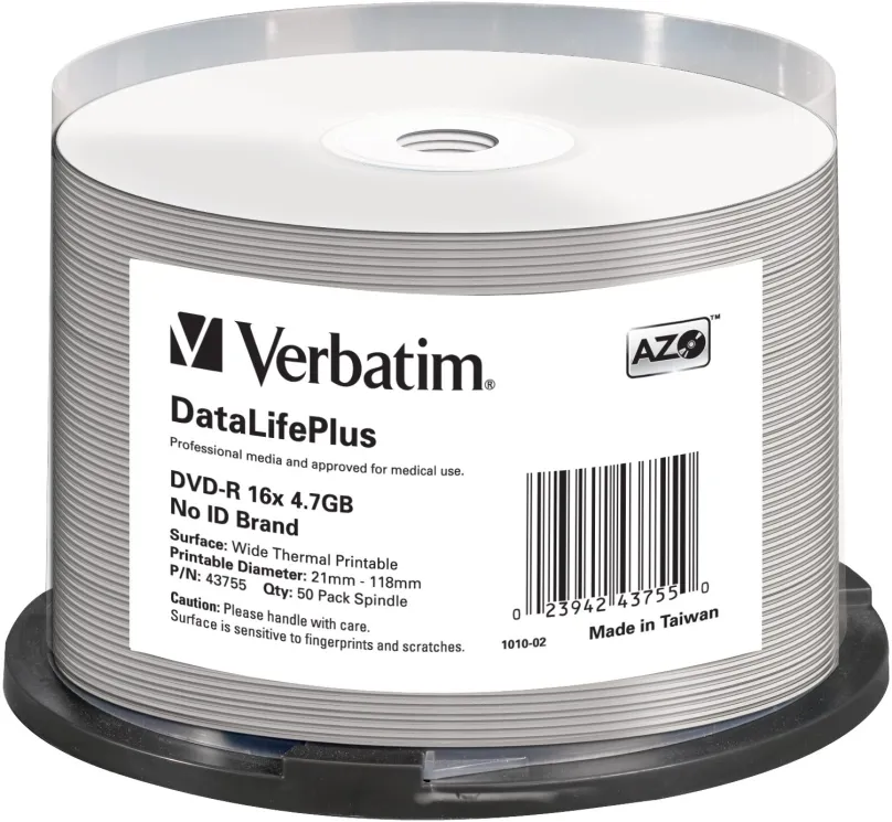 Média VERBATIM DVD-R DataLifePlus 4.7GB, 16x, thermal printable, spindle 50 ks