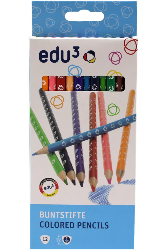 EDU3 Trojhranné pastelky K12, tuha 3 mm, 12 farieb v papierovej krabičke